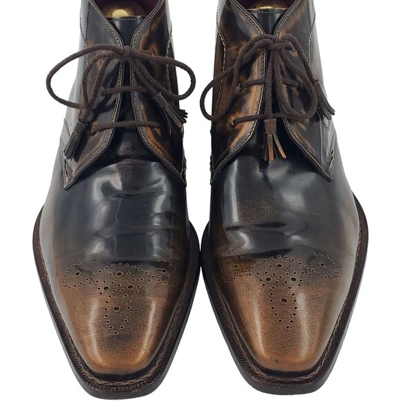 Mezlan Spain Antiqued Brown Gloss Leather Chukka Boots Mens 12 Dress Ankle Shoes - Picture 2 of 13